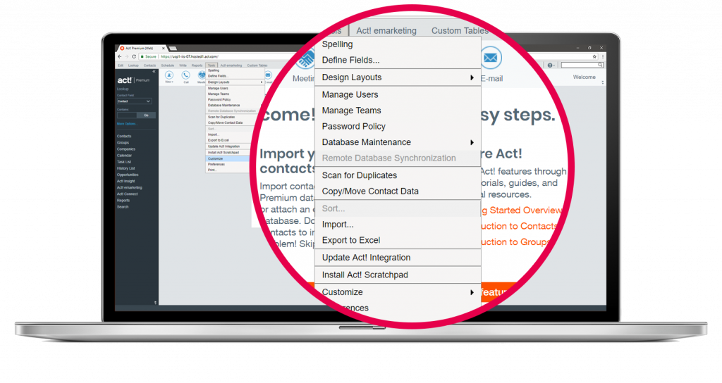 Laptop showing the act! CRM dashboard with a close-up of the advanced CRM customization capabilities