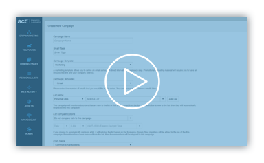 generic blue video thumbnail with screenshot of the act! CRM dashboard in the background