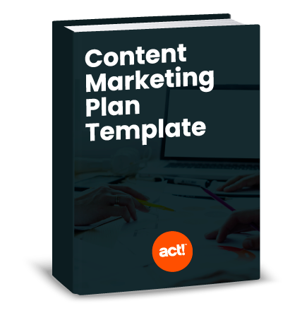 black book with the orange act! Crm logo and title that reads content marketing plan template