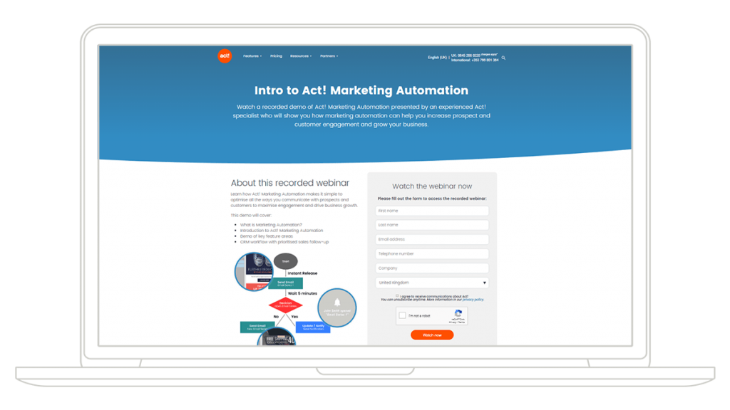 Screenshot of the intro to act! marketing automation webpage showcasing a brief description and a message form