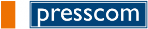 presscom logo with blue, orange, and white