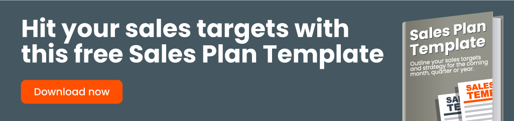 banner that shows a book that is a sales plan template and callout that reads "hit your sales targets with this free sales plan template" and button that offers a download now option