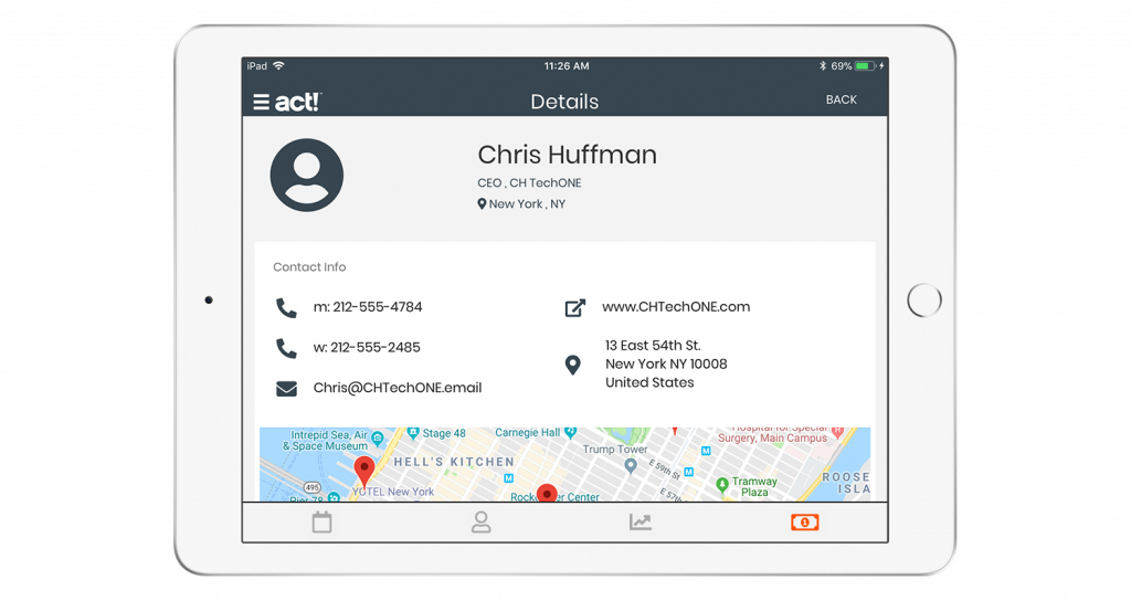 tablet showing the tablet view of the act! CRM platform