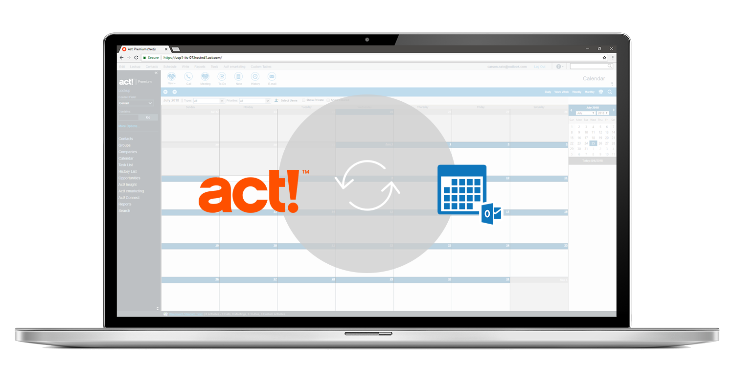 Act! CRM logo syncing with the microsoft outlook calendar logo