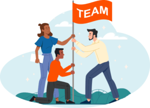 An illustration of three people planting a flag that says "team" into the ground