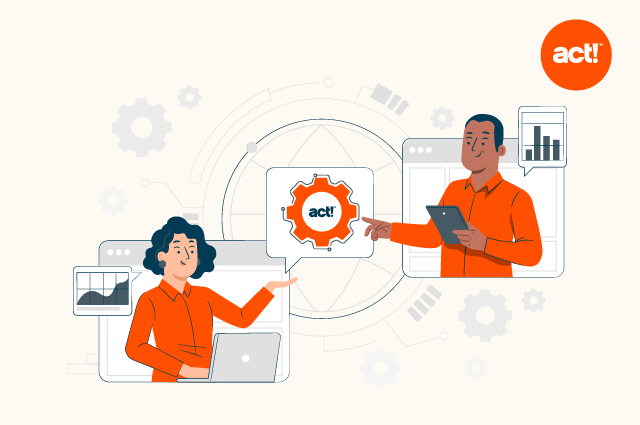 An illustration of two people sharing information infront of graphs and cogs depicting growth.