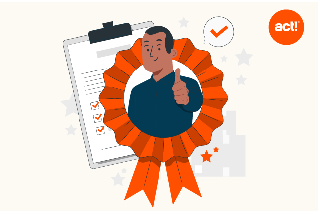 Decorative illustration of an award with a badge on a clipboard and a person giving a thumbs-up