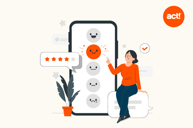 an illustration of a woman sitting in front of a mobile device with sentiment signals on it
