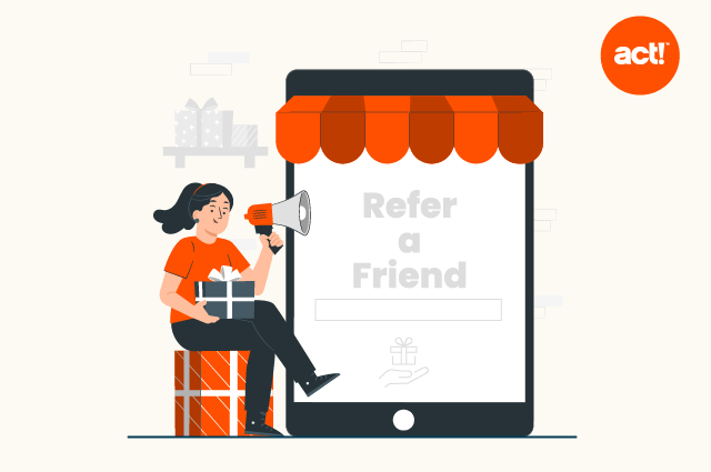 An illustration of a woman sitting in front of shop window tha says "Refer a friend"
