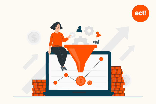 an illustration of a person sitting on a graph next to a sales funnel