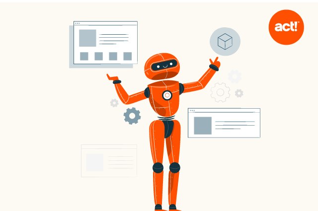 a decorative illustration showing a robot pointing to shapes representing marketing ads