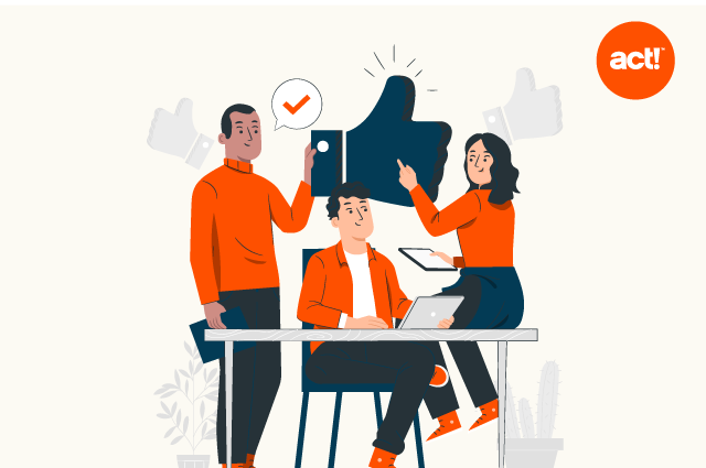 Decorative illustration of people sitting on a and around a desk pointing to a big thumbs up icon