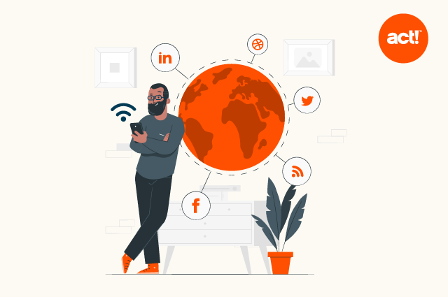 illustratio of a person leaning against a large globe while looking at a mobile device - depicting global connections