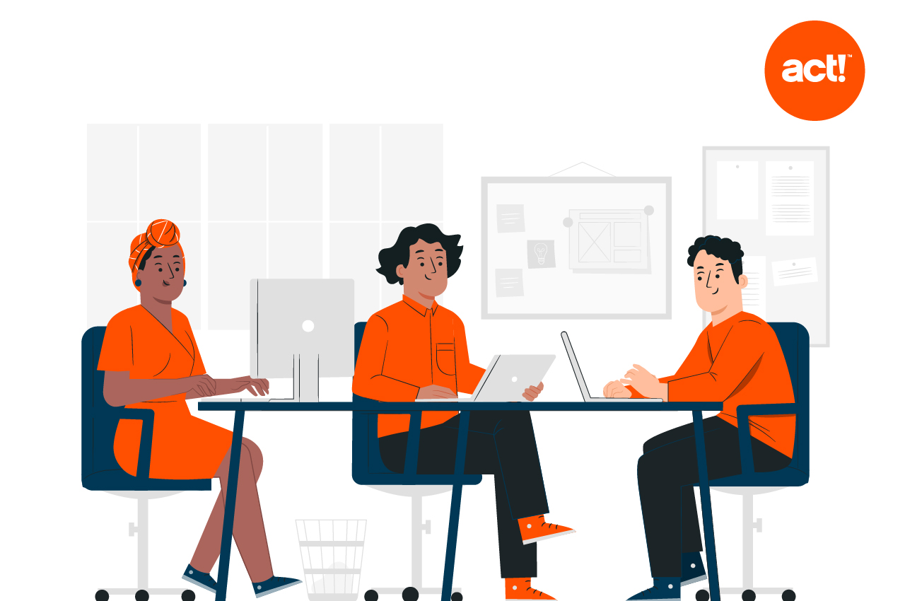 Decorative illustration of three people in orange shirts sitting at a table working on their computers. 