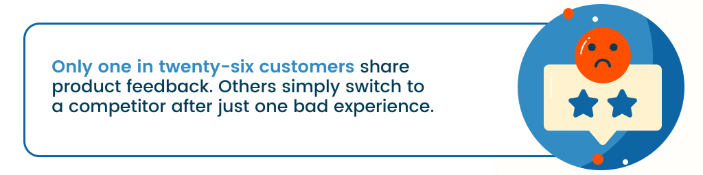 a callout that says, " only one in twenty-six customers share product feedback. Others simply switch to a competitor after just one bad experience"