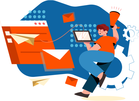 an illustration of a person looking at messages and envelopes depicting email marketing.