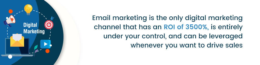 A callout that says, "Email marketing is the only digital marketing channel that has an ROI of 3500%, is entirely under your control, and can be leveraged whenever you want to drive sales"