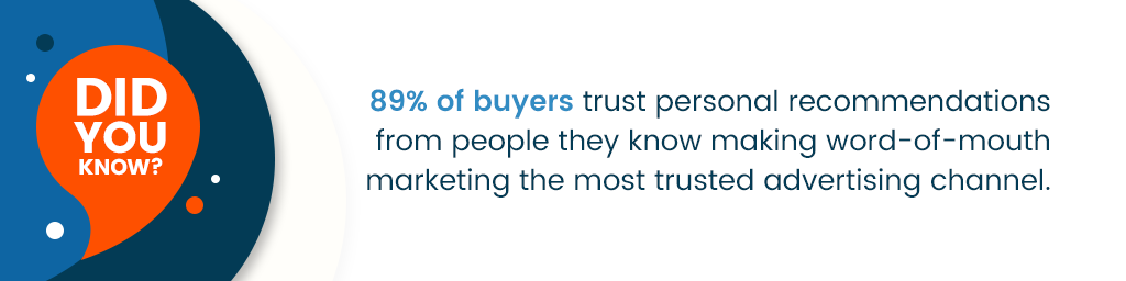 A callout that says, "Did you know? 89% of buyers trust personal recommendations from people they know making word-of-mouth marketing the most trusted advertising channel."