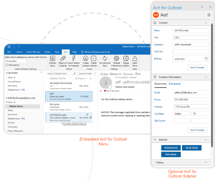 Stylized screenshot showing Outlook and the Act! for Outlook interface