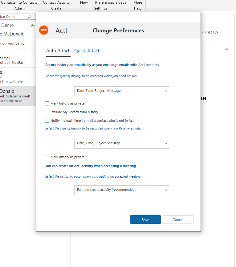 A screenshot showing Act! for Outlook's Change Preferences