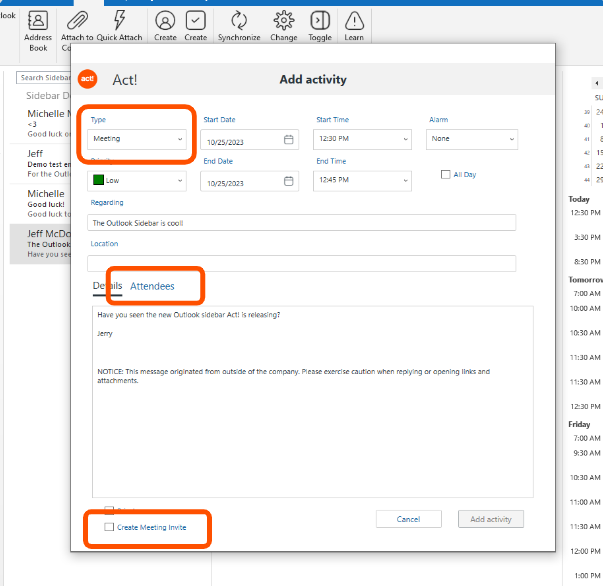 a screenshot showing how to add an Activity to Act! for Outlook