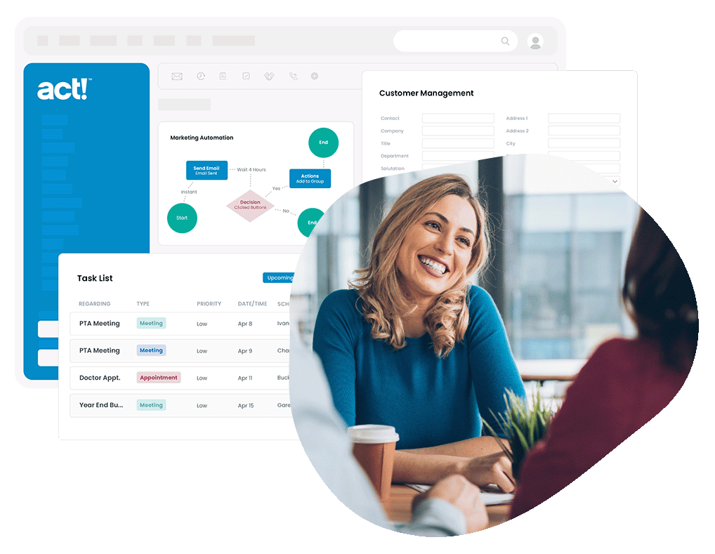 Landing page for Insurance for act! with a girl smiling at a table