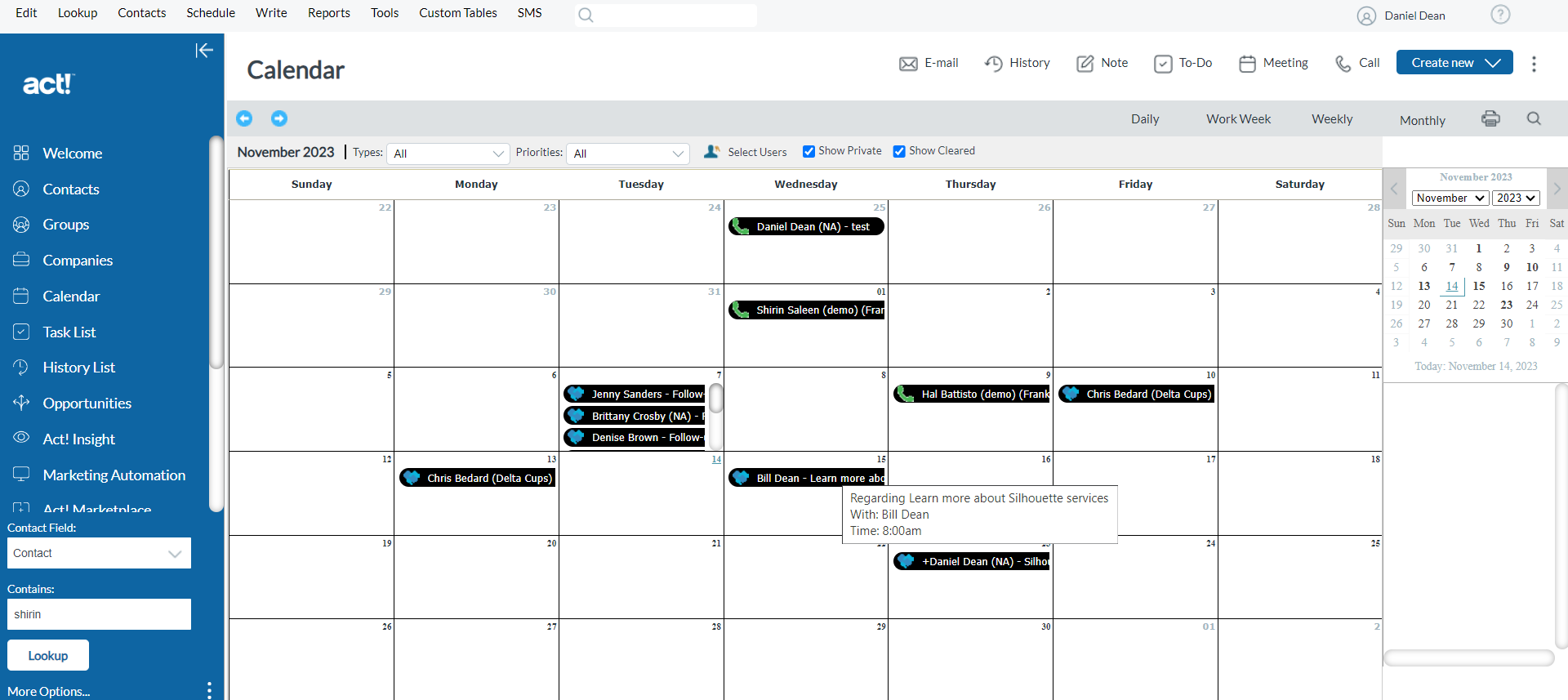 screenshot of bookings in a calender