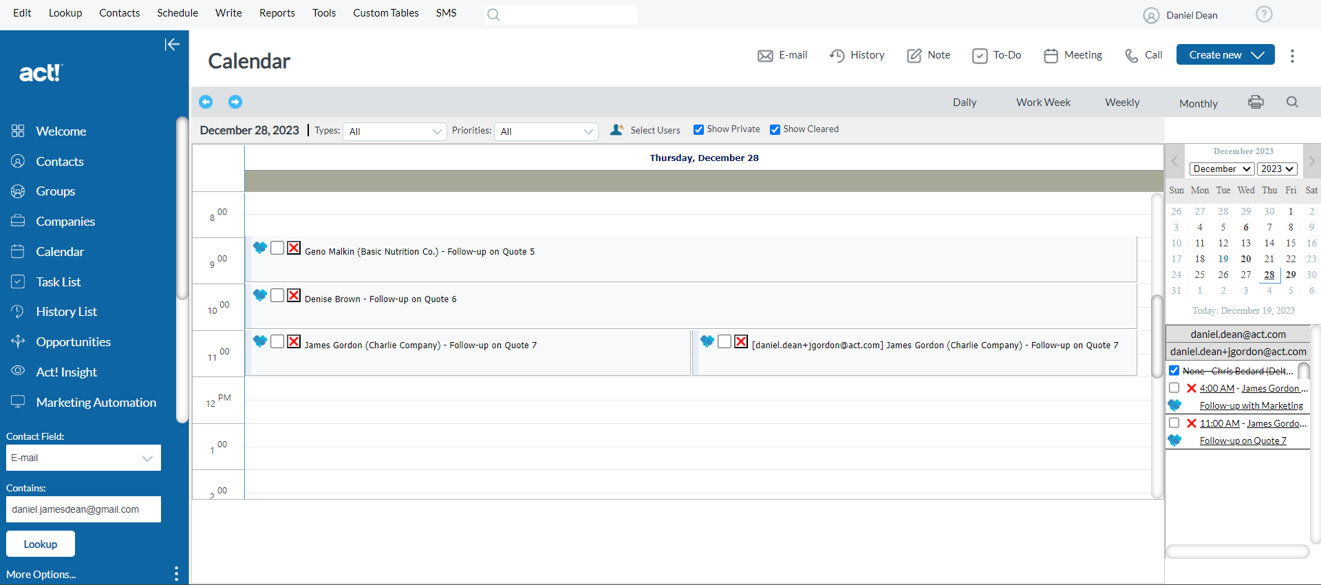 screenshot showing how Follow-up tasks scheduled in Link2quotes+ appear automatically in Act! task lists and calendars
