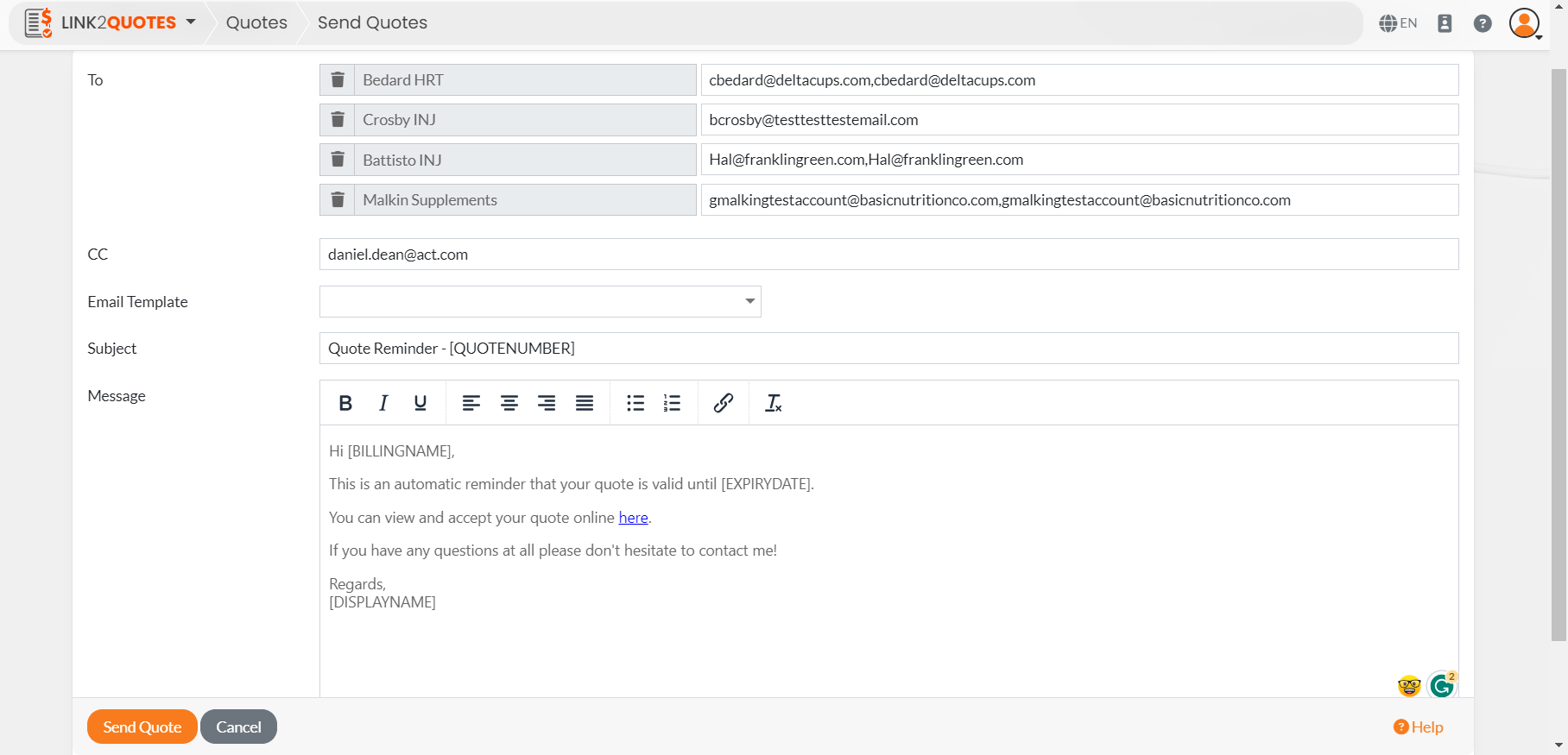 screen shot showing how to batch-edit quotes and send updates in bulk to save time and streamline operations