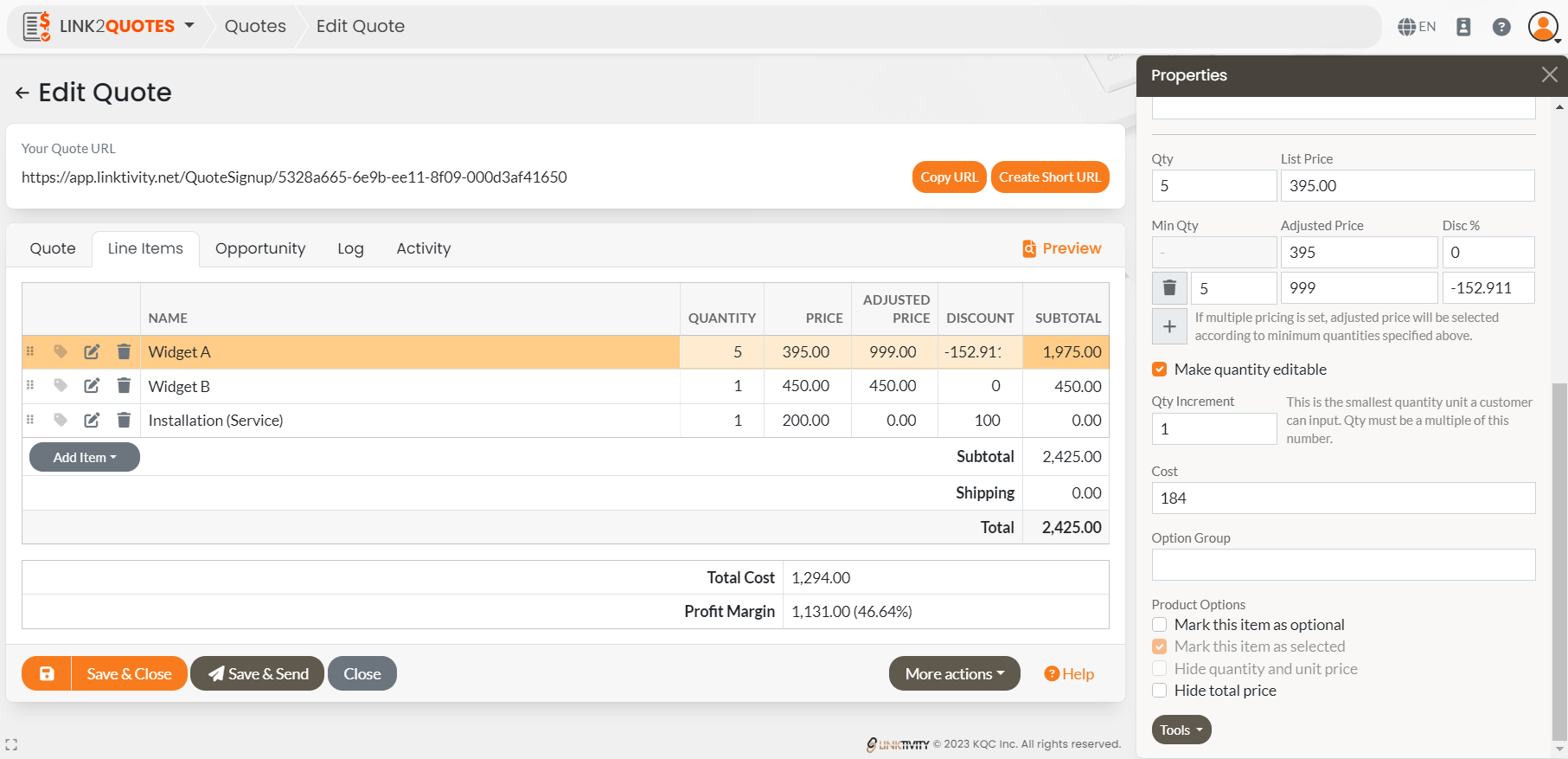 screenshot shwoing how to create precise quotes based on relevant project data