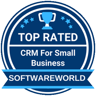 Top rated CRM for Smalll business softwareworld badge with a blue trophy and stars