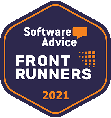 Software Advice Front runners 2021 badge, colors orange and blue with white text