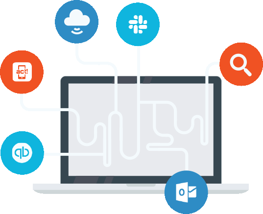 icon of a computer with multiple productivity logos coming out of it