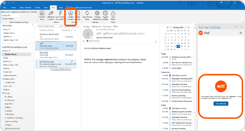 A screenshot showing Act! for Outlook's side panel 