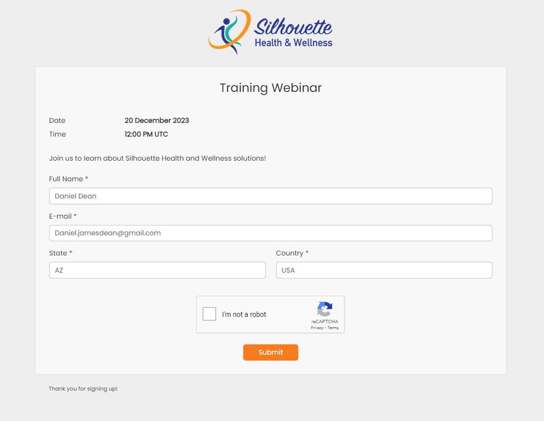 Sample of a customizable sign up form in Linktivity