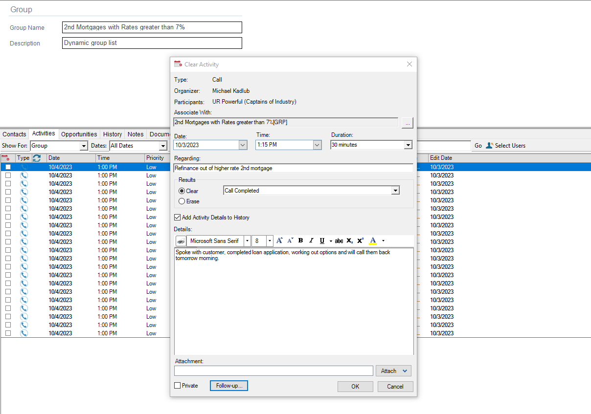 Screen shot depicting activity management in Custom Tables