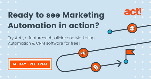 Decorative blue box with "Ready to see Marketing Automation in action" call to action. Click to start a 14-day free trial. No download or credit card is required. 