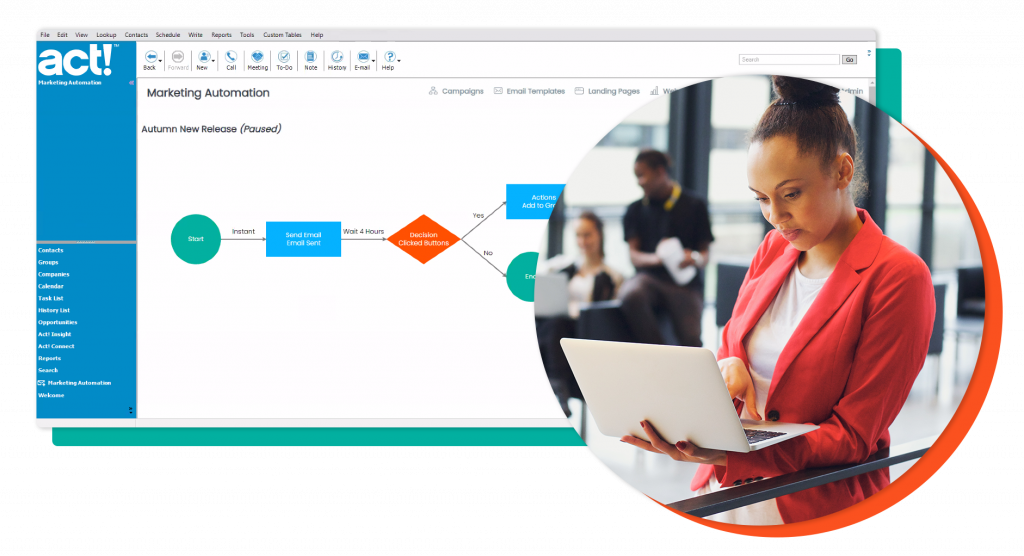 woman working on a laptop with a screenshot of the act! CRM premium marketing automation page