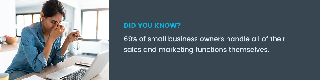 rectangular callout box that says "69% of small business owners handle all of their sales and marketing functions themselves,"