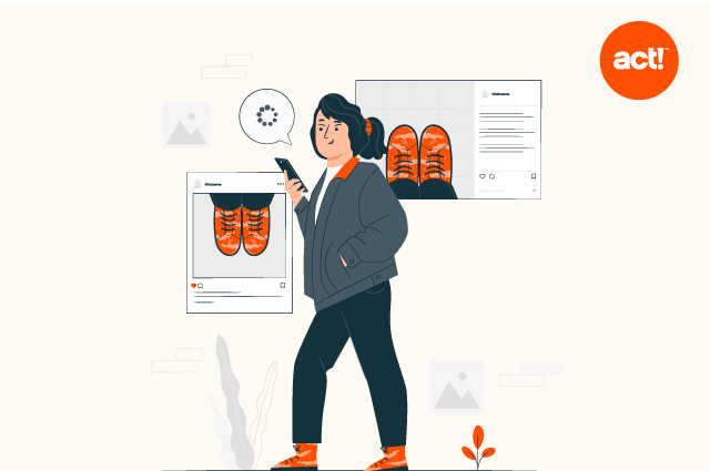 Decorative illustration that shows a woman looking at social media ads