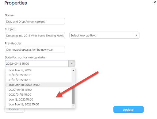 Screen shot showing how Users can now select and set as default the 24-hour time format when using mail merge