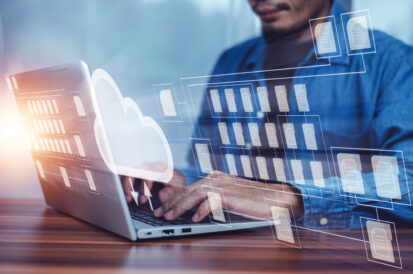 Businessman using data transmission on laptop FTP server upload to cloud network, Datum document file management.