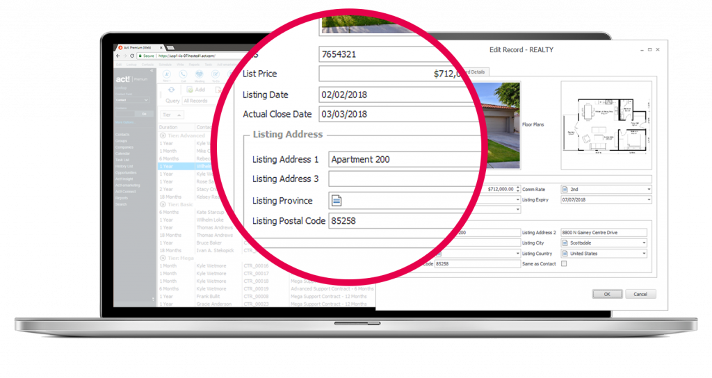 laptop showing the act! CRM dashboard and zoomed in on the CRM industry templates