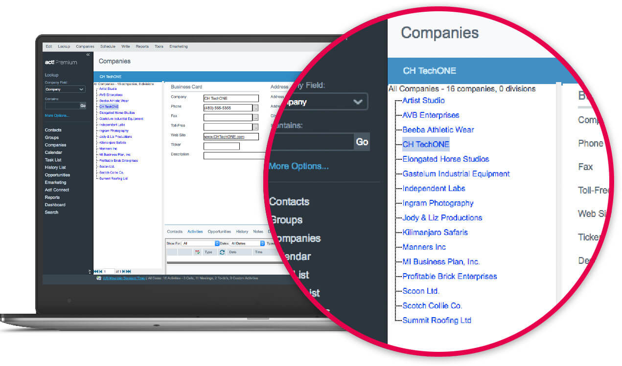 groups-companies915476e796e1633a9d88ff00001e67f5 example of the company grouping capabilities on the act! CRM premium platform