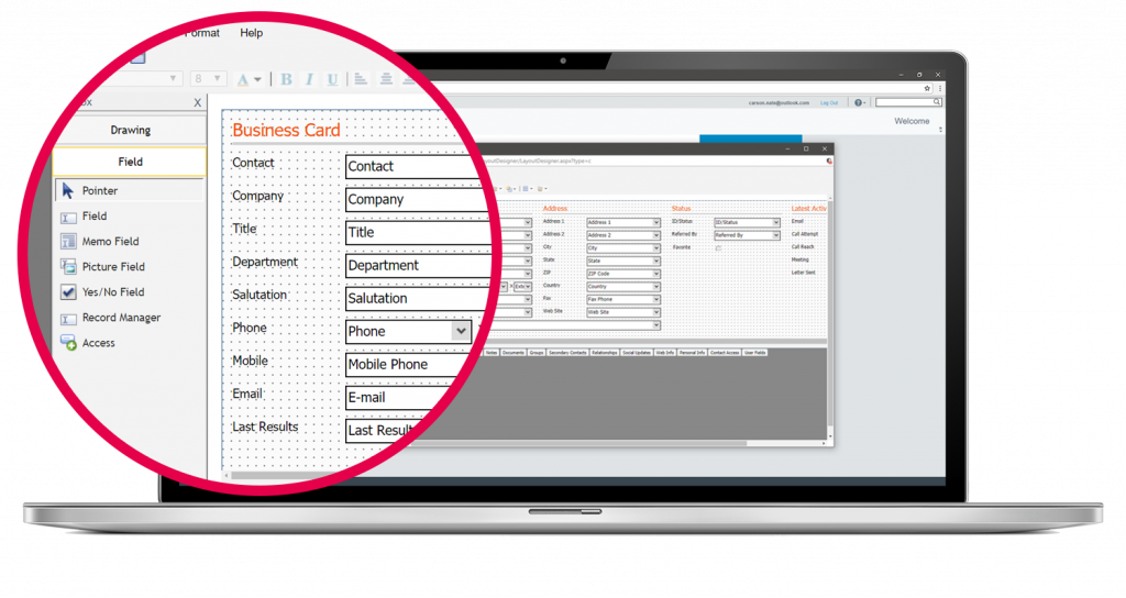 laptop showing the business card capabilities of the act! Crm software