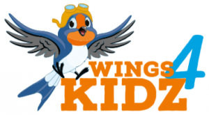 wings 4 kidz company logo with blue bird in goggles