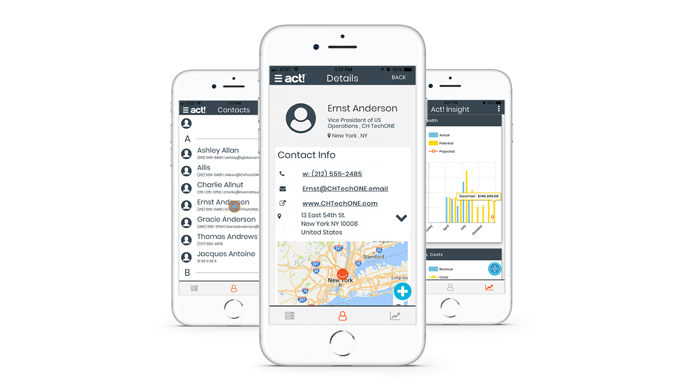 various mobile mockups on the act! CRM platforms mobile capabilities