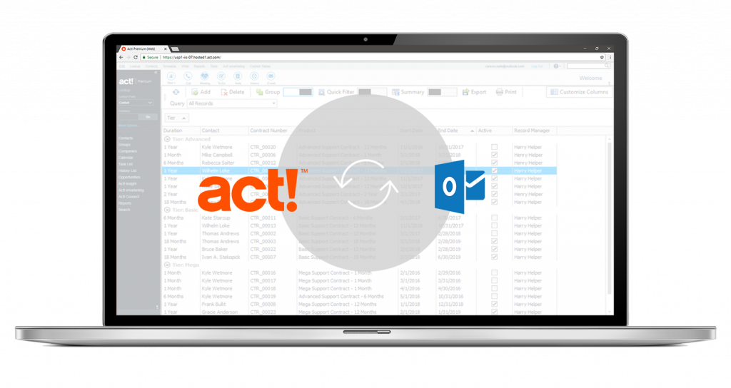 laptop showing the act! Logo and the microsoft outlook logo connecting