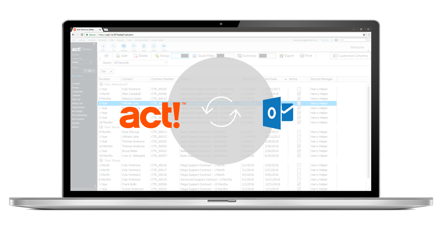 laptop showing the act! Logo and the microsoft outlook logo connecting