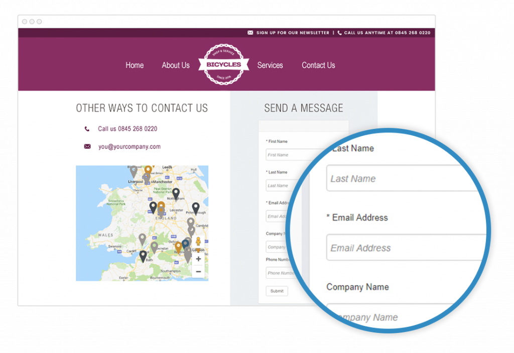 Example webpage with a close-up of the send a message form